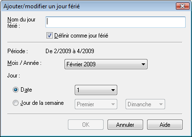 figure : boîte de dialogue Ajouter/modifier un jour férié