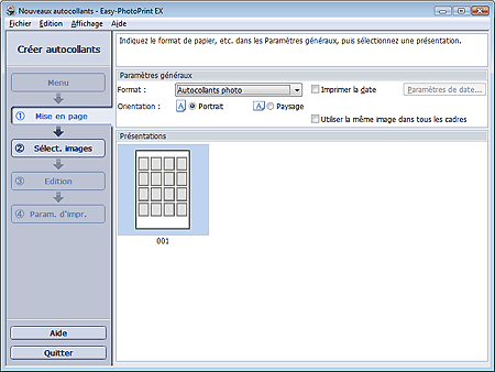 figure: écran Configuration de la page pour Autocollants