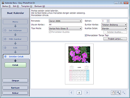 gambar: Layar Setelan Cetak untuk Kalendar