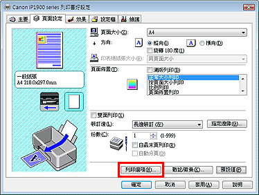 插圖：[頁面設定] 標籤上的 [列印選項...]