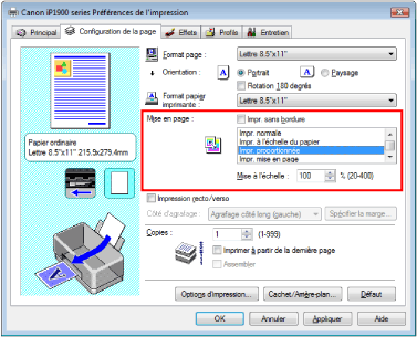 figure : Sélectionnez Impr. proportionnée pour Mise en page dans l'onglet Configuration de la page